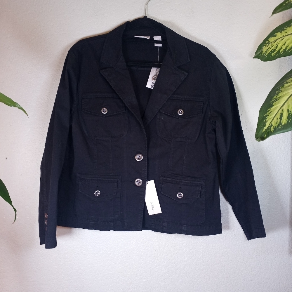 Chicos Platinum Bezel Casual Comfy Black Cotton Stretch Chore Utility Jacket L